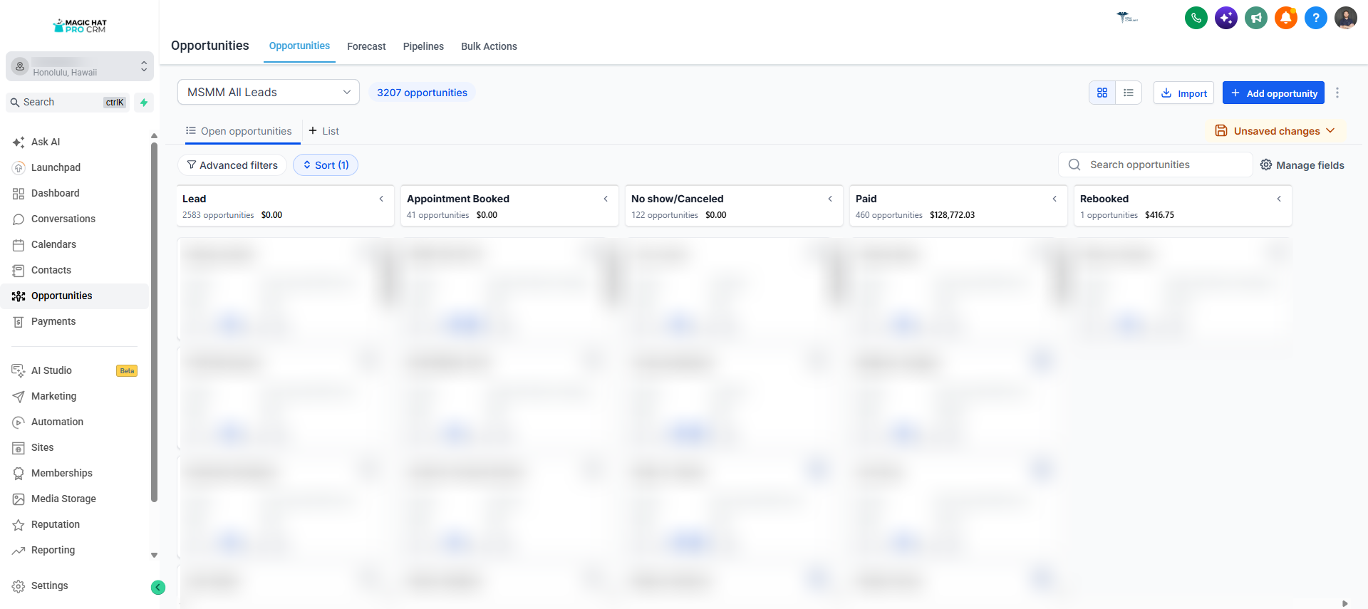 Magic Hat PRO pipeline showing leads, booked appointments, no-shows, paid patients with revenue, and rebooked patients